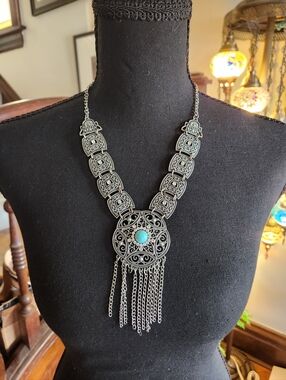 Boho Silver Filigree Necklace with Turquoise Stone